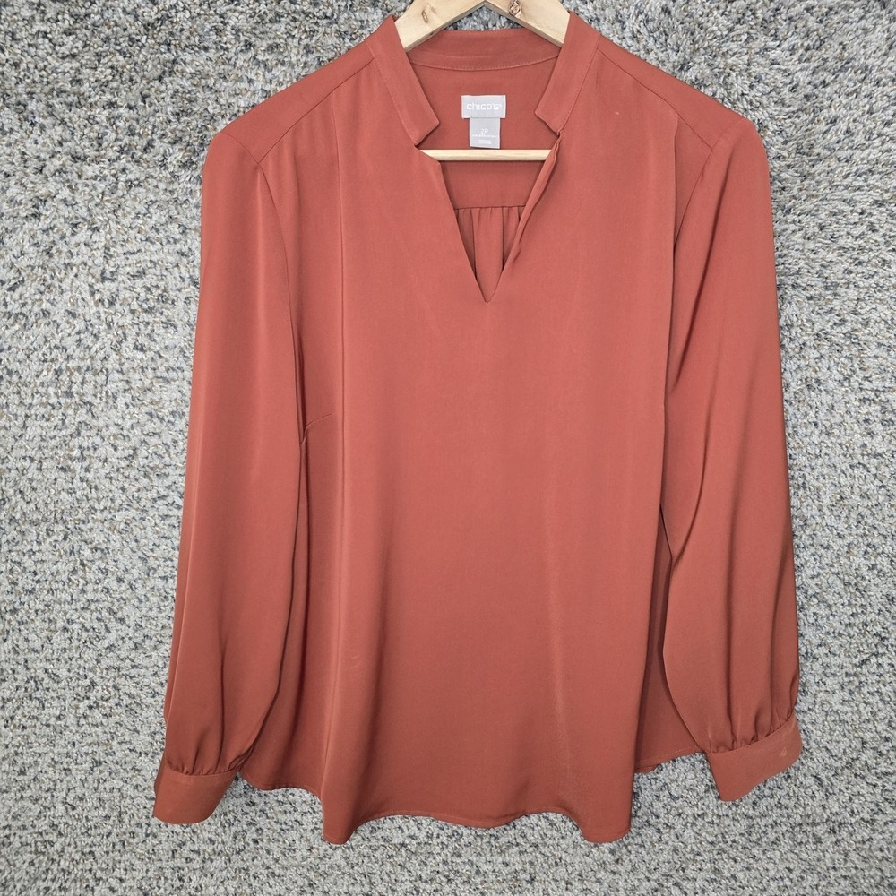 Chicos Top Womens 2P Petite Large Orange V Neck Long Sleeve Blouse Casual Ladies